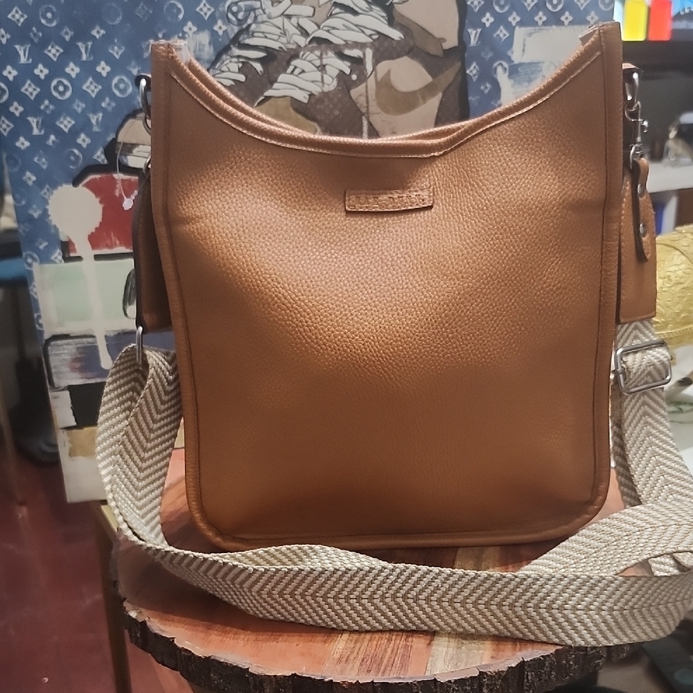 Rae Dunn Tan Crossbody Bag with Patterned Strap